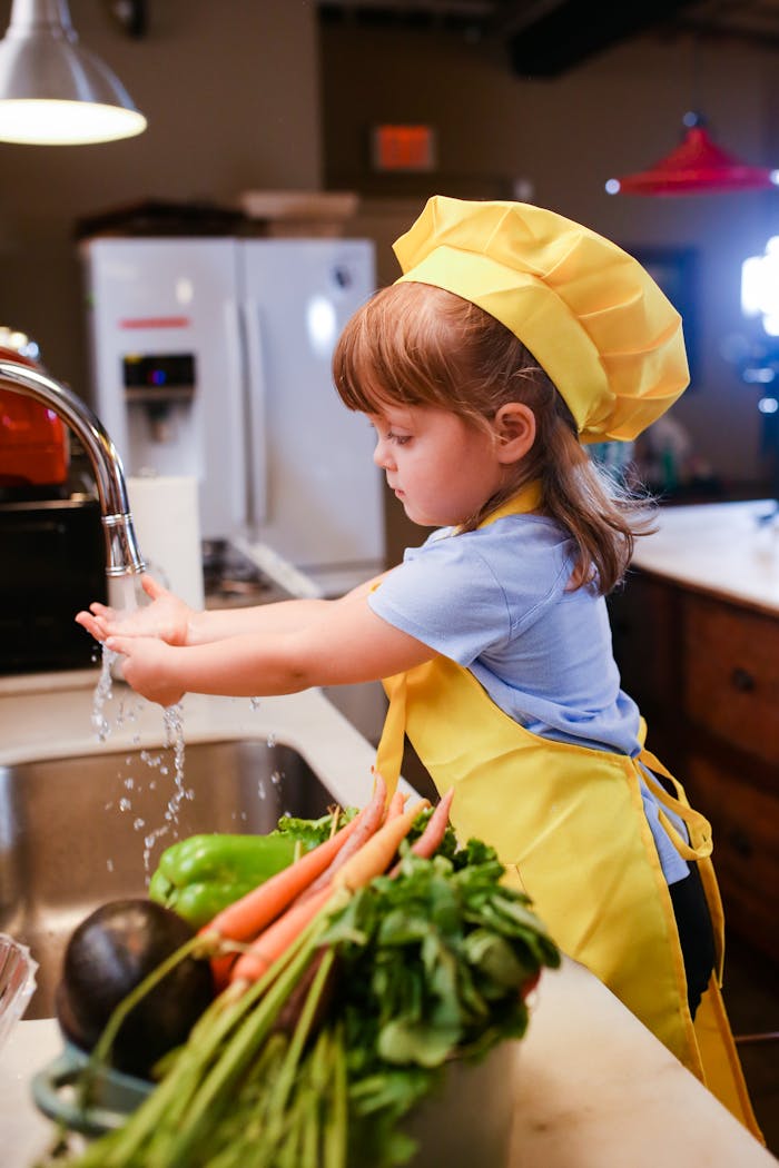 Child chef washing vegetables in a kitchen setting. Promotes healthy cooking with kids.